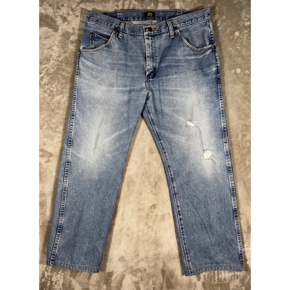 Wrangler 47MWZ Jeans Mens 34x30 Light Wash Good Regular Fit Cowboy‎ Cut Denim